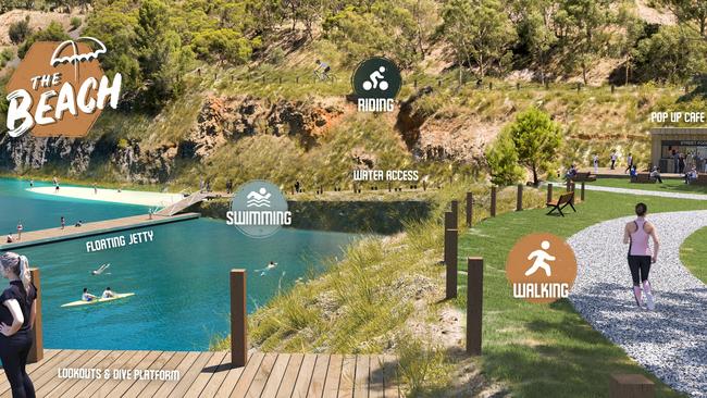 Crystal Lake Recreation Park would include walking and bike trails, a beach area, floating jetty, lookouts and picnic shelters. Picture: Supplied