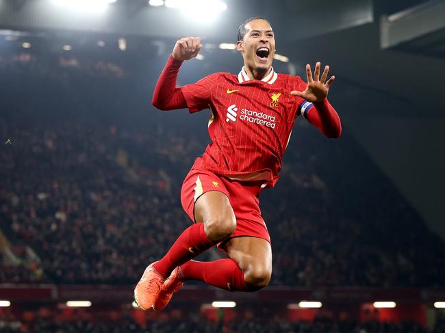 LIVERPOOL, ENGLAND - FEBRUARY 06: Virgil van Dijk of Liverpool celebrates scoring his team's fourth goal during the Carabao Cup Semi Final Second Leg match between Liverpool and Tottenham Hotspur at Anfield on February 06, 2025 in Liverpool, England. (Photo by Carl Recine/Getty Images)