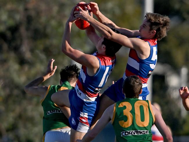 WRFL: Point Cook’s Connor McKenzie marks against Spotswood. Picture: Andy Brownbill