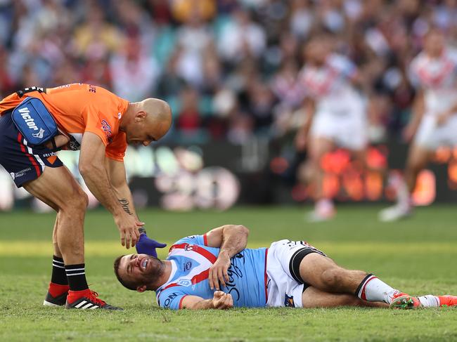 James Tedesco could miss Saturday’s clash against the Knights in Newcastle after he suffered a heavy head knock against St George Illawarra last weekend. Photo: Cameron Spencer/Getty Images.