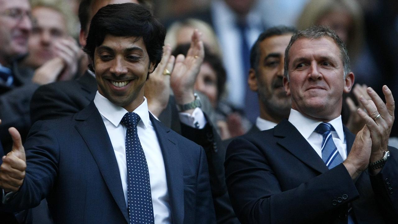 Sheikh Mansour (left) owns City Football Group, the controlling entity of A-League side Melbourne City. Picture: AP Photo/Tim Hales