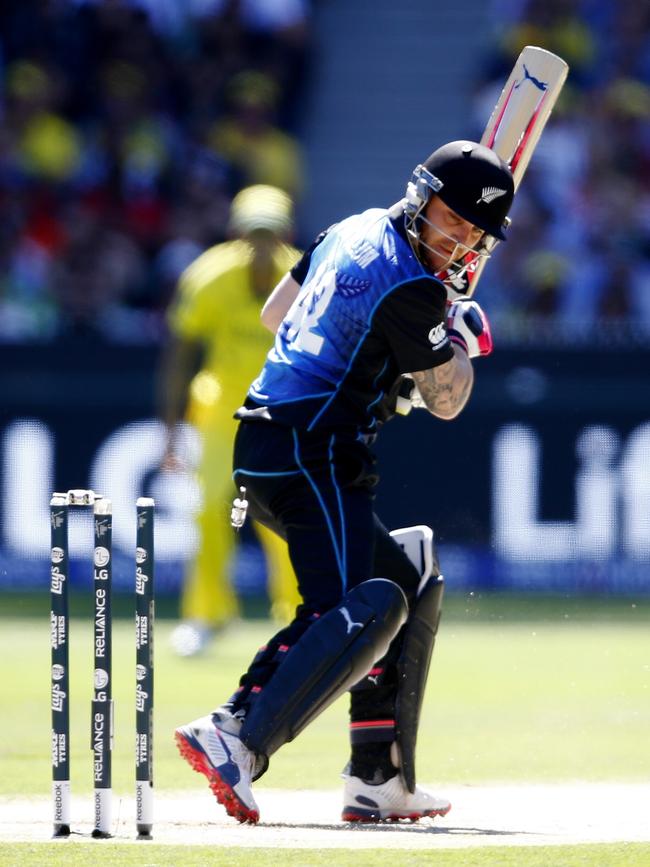 Brendon McCullum is castled by Mitch Starc in the 2015 World Cup final.