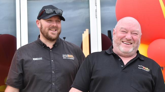 Triple M Mackay's Jay Shipton (left) and Dave Peters (right) spotted on Andergrove McDonald's opening day on April 22, 2022. Picture: Lillian Watkins