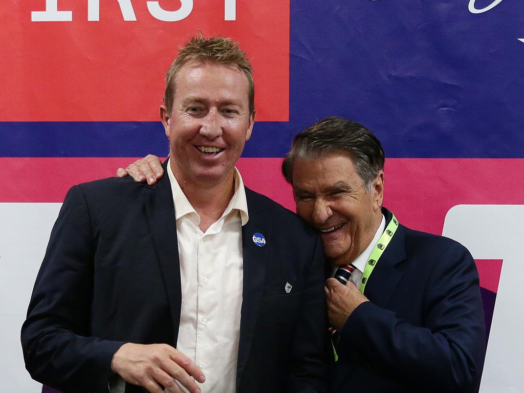 (L-R) Roosters coach Trent Robinson with Chairman Nick Politis. Picture: Brett Costello