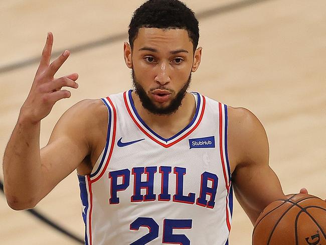 ATLANTA, GEORGIA - JUNE 18:  Ben Simmons #25 of the Philadelphia 76ers calls out a play against the Atlanta Hawks during the first half of game 6 of the Eastern Conference Semifinals at State Farm Arena on June 18, 2021 in Atlanta, Georgia.  NOTE TO USER: User expressly acknowledges and agrees that, by downloading and or using this photograph, User is consenting to the terms and conditions of the Getty Images License Agreement. (Photo by Kevin C. Cox/Getty Images)