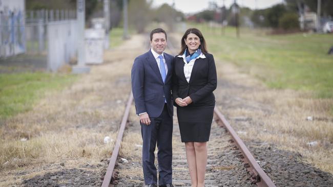 State opposition leader Matthew Guy with Cranbourne Liberal candidate Ann- Marie Hermans. The Coalition has promised to extend the Cranbourne train line to Clyde North. Picture: Wayne Taylor