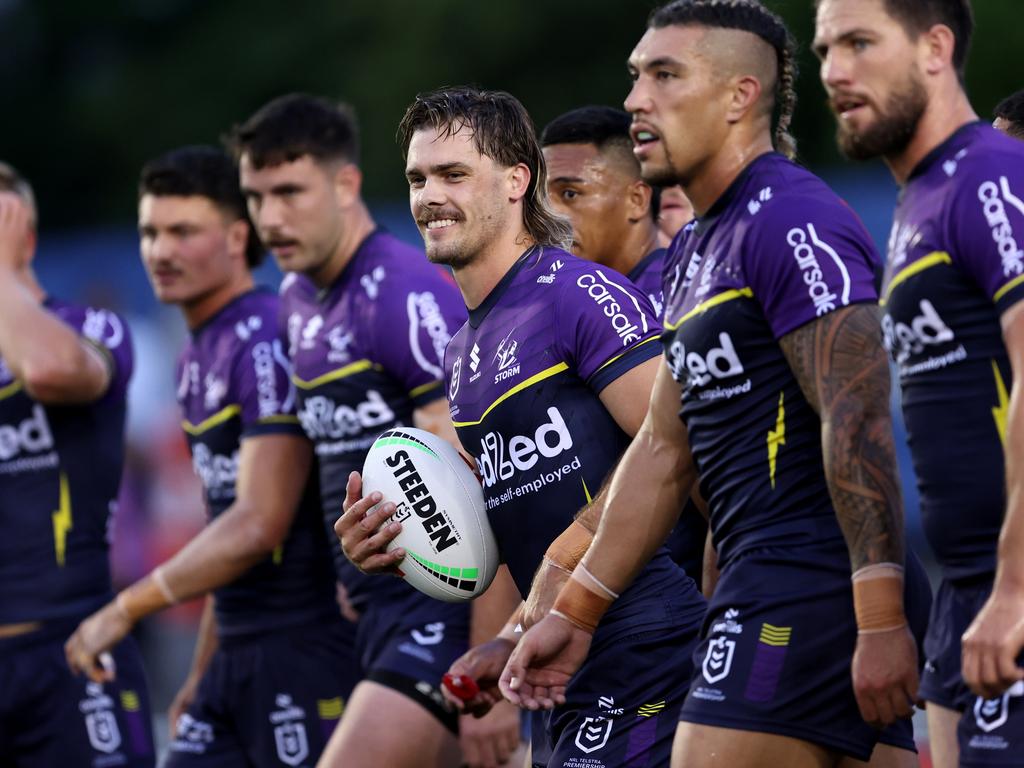 Ryan Papenhuyzen of the Storm is all smiles during the pre-season challenge match between Canterbury Bulldogs and Melbourne Storm. Picture: Getty Images