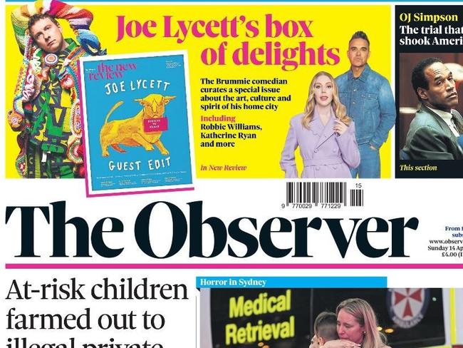 The Observer front page. . Bondi Junction, where multiple people died in a stabbing incident yesterday afternoon.