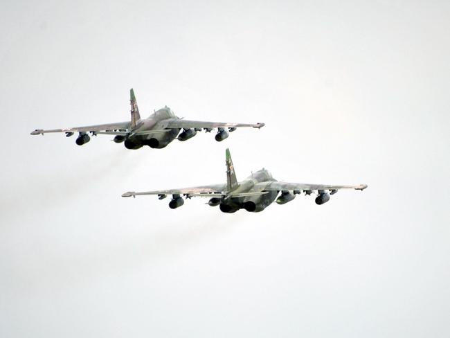 Two Russia Su-25 jet fighters left the area following the incident. Picture: AP/RIA Novosti, Alexei Nikolsky, Presidential Press Service/file photo