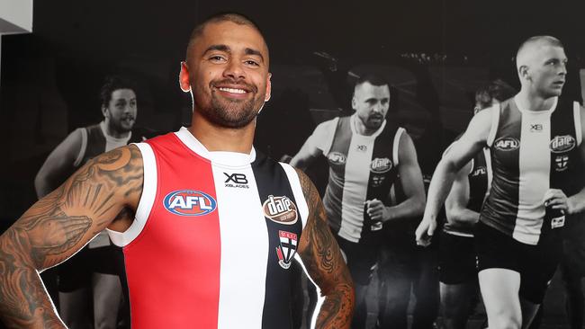 St Kidla recruit Brad Hill tries on his new collars at Moorabin today after being traded over from the Fremantle Dockers.   . Pic: Micheal Klein