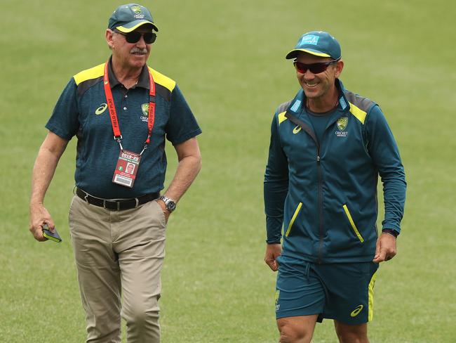 Australian coach Justin Langer (right) with chairman of selectors Trevor Hohns at the SCG on Wednesday. Picture: Brett Costello