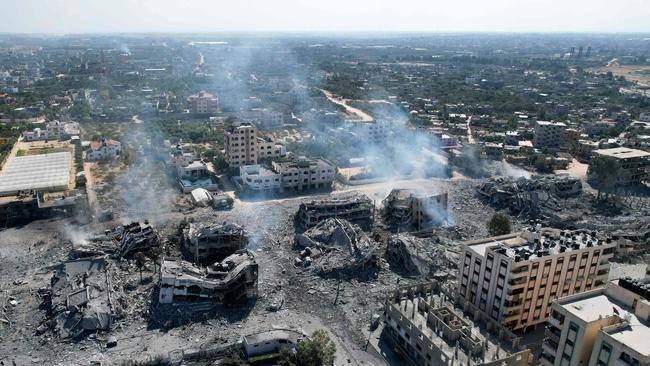 An arial view shows destroyed buildings in al-Zahra city, south of Gaza City. Picture: AFP