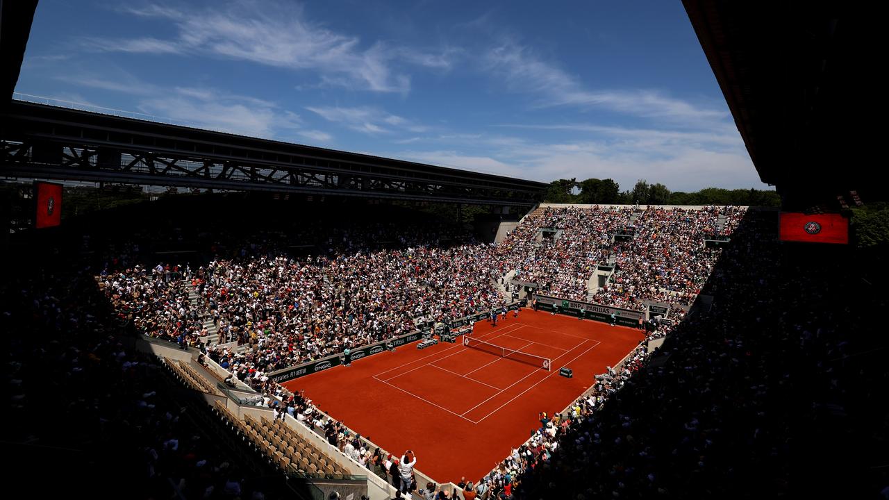 A general view of Court Suzanne-Lenglen showing the remodeling of the roof as fans wait for a training match in preparation for the 2023 French Open Tennis Tournament at Roland Garros on May 27, 2023 in Paris, France. (Photo by Clive Brunskill/Getty Images)