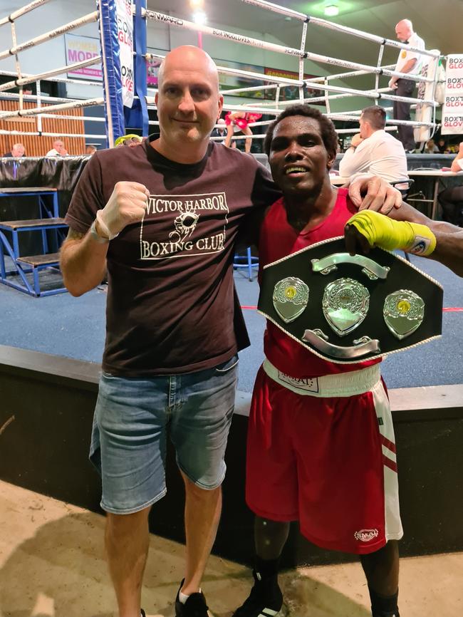 SA boxer Fred Zziwa (R) with coach Mark Nethercott after the 2021 National Championships. Picture: Supplied, Craig Clifford Sportspics