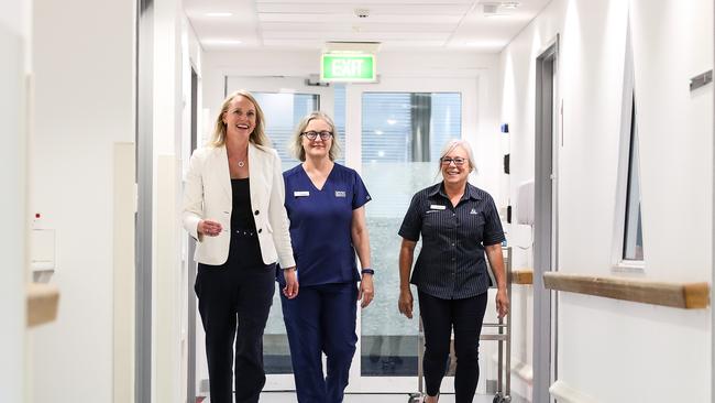 Health Minister Sarah Courtney takes a tour of the Royal Hobart Hospital COVID-19 vaccination hub with clinical nurse consultants Sandra Roberts and Tracey Coppleman. Picture: Zak Simmonds