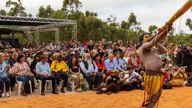 Yolngu Man plays didgeridoo (Yidaki) in front of crowd during the Garma Festival 2022. Picture: Tamati Smith/ Getty Images