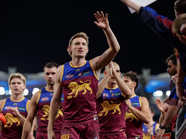 BRISBANE, AUSTRALIA - SEPTEMBER 07: Harris Andrews of the Lions waves to fans following the 2024 AFL First Elimination Final match between the Brisbane Lions and the Carlton Blues at The Gabba on September 07, 2024 in Brisbane, Australia. (Photo by Russell Freeman/AFL Photos via Getty Images)