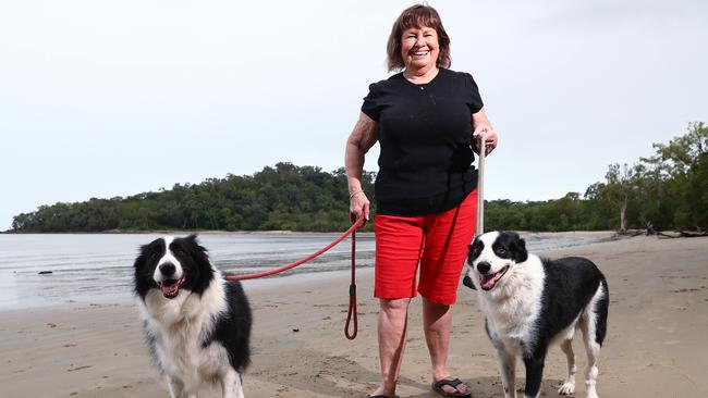 Border Collies are one of the most popular dog breeds in Cairns. Judy Edwards walks her border collies Jarvis and Vinnie on Kewarra Beach. Picture: Brendan Radke