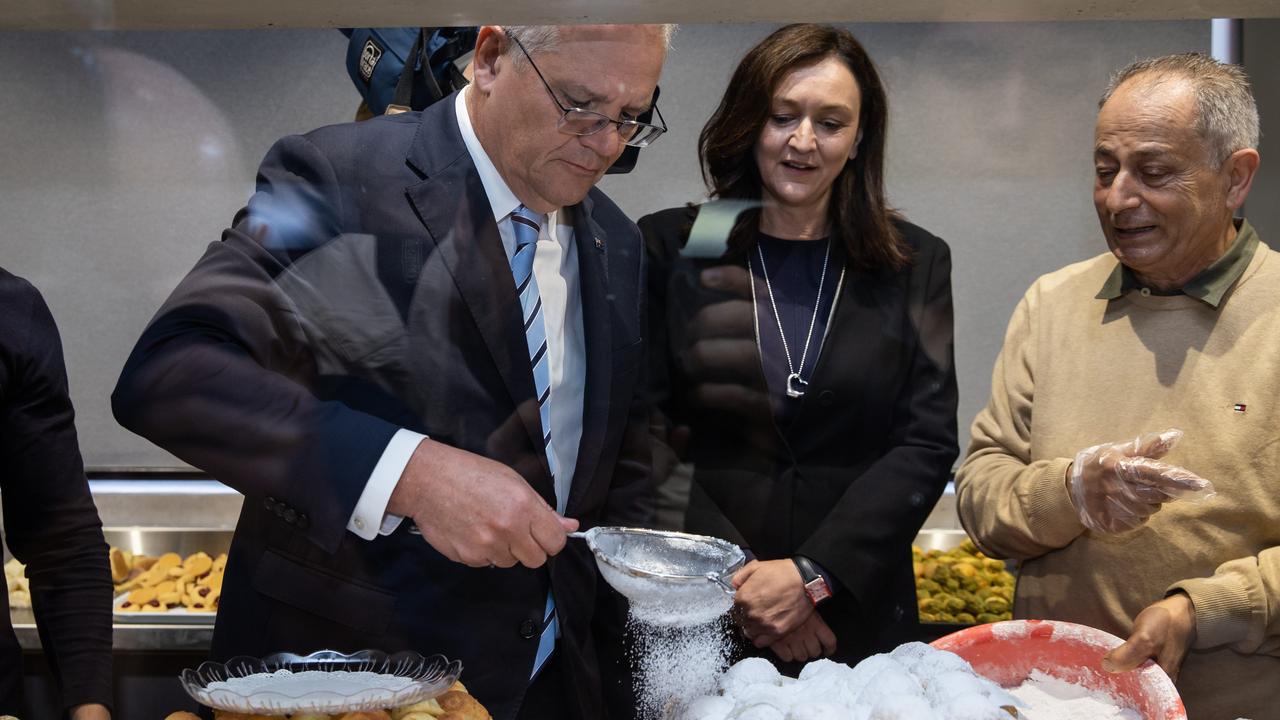 Scott Morrison with Maria Kovacic and Abla’s owner Milad Abla. Picture: Jason Edwards