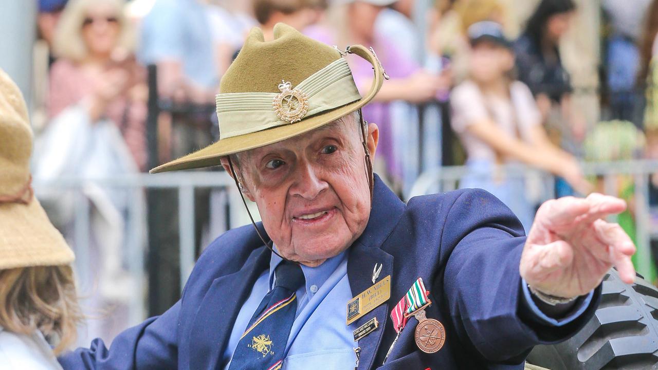 Bill Mills as thousands line Adelaide St in Brisbane for the 2023 Anzac Day March. Photo: Glen Campbell