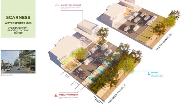 Draft Master Plan showing a comparison of the proposed and existing Esplanade at Scarness. Photo: Fraser Coast Regional Council.