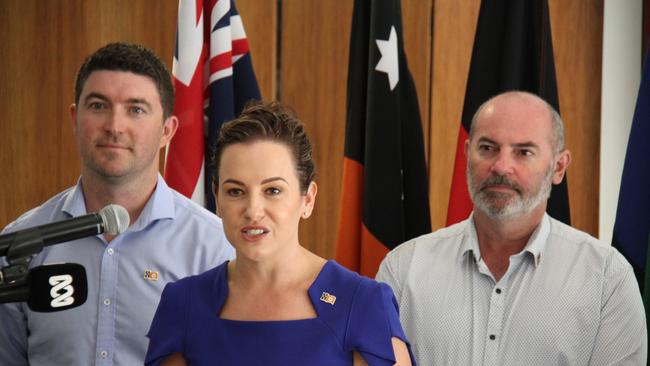 Braitling MLA Josh Burgoyne, Chief Minister Lia Finocchiaro, and Treasurer Bill Yan in Alice Springs, Monday November 4, 2024. Picture: Gera Kazakov