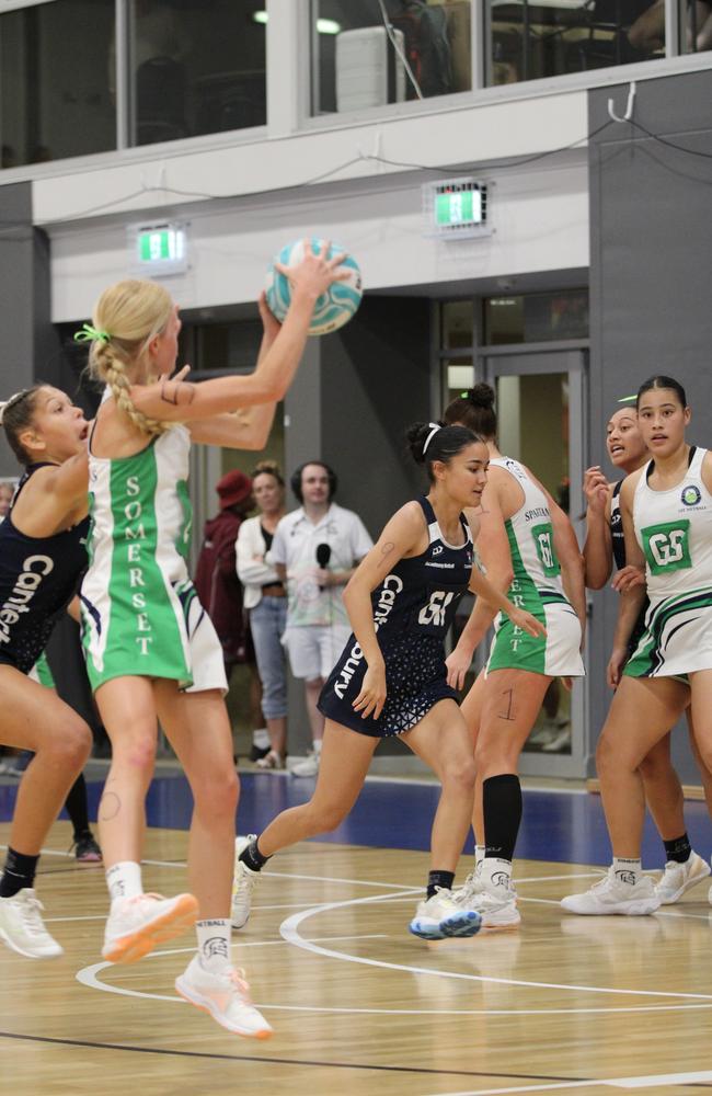 QISSN 2024 division one grand final - Canterbury College v Somerset College. Pictured: GK Meletoa Pohiva and GS Roxy Rhind