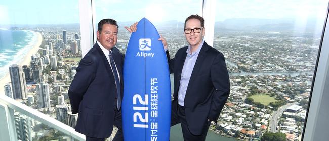 Former IncentiaPay CEO Iain Dunstan and George Lawson from Alipay at the launch at Alipay at Skypoint at Q1 in Surfers Paradise. Picture Glenn Hampson