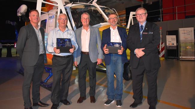 RACQ CQ Rescue board chairman Chris Wright, director Dr Peter Bastable, director and Mackay mayor Greg Williamson, director Dr Bert Sadleir and chief executive officer Ian Rowan at RACQ CQ Rescue's silver jubilee celebrations on Friday, April 9, 2021. Picture: Tara Miko