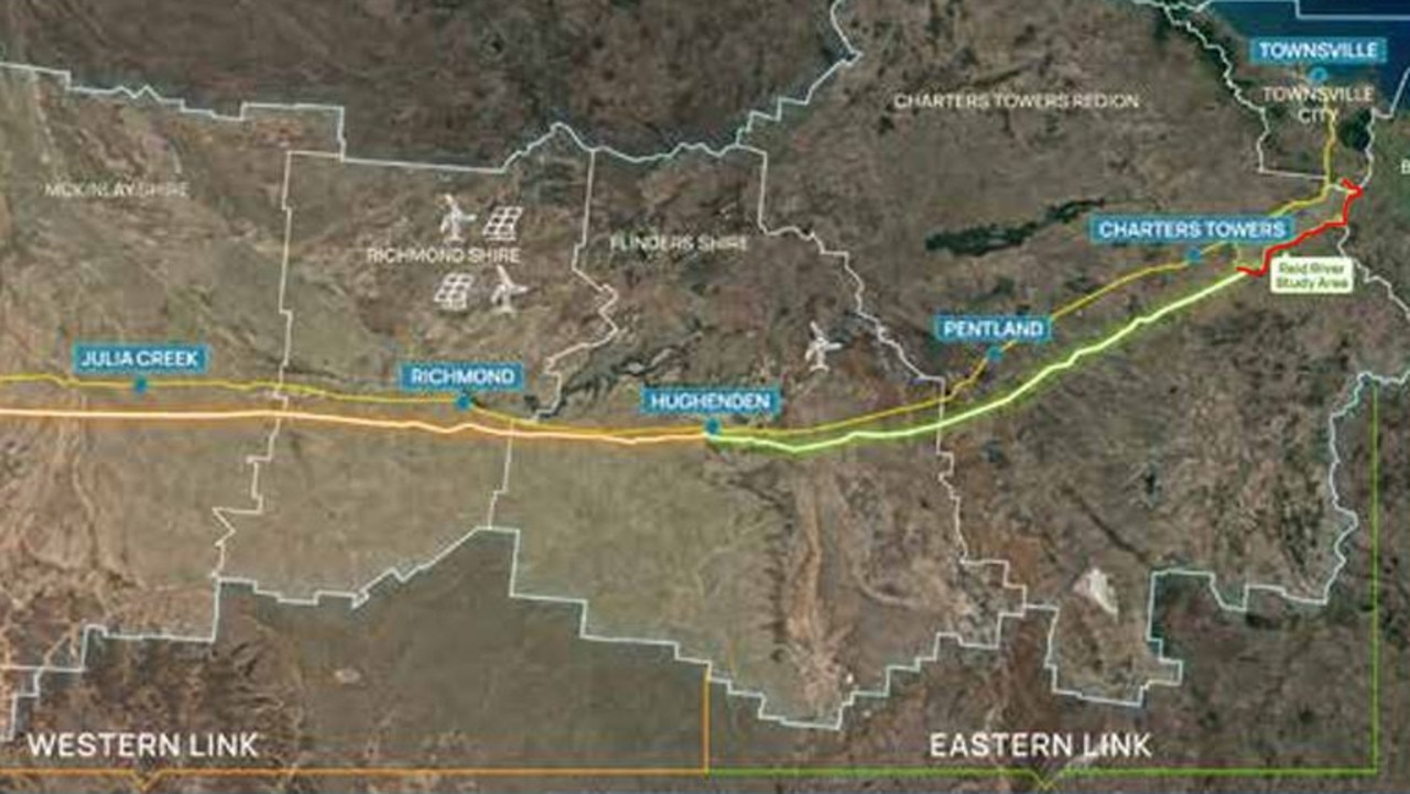 Map of the proposed CopperString transmission line. The Reid River realignment highlighted in red.