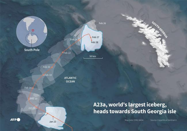 The movement of the A23a iceberg up to February 28, shortly before it became stuck