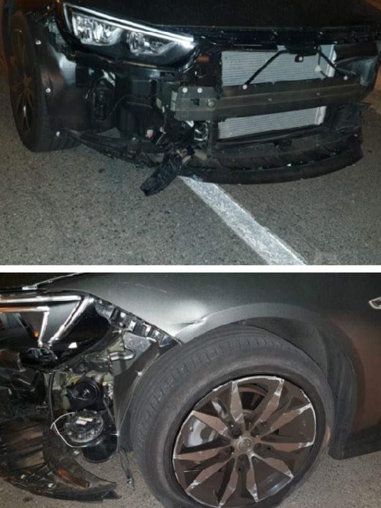 The damaged police car after it was rammed up to seven times by two men in a stolen BMW at Glanville.