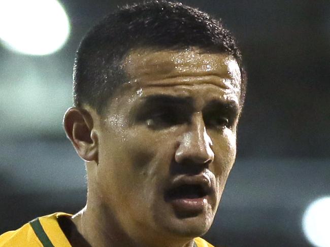 Australia's Tim Cahill reacts during a friendly soccer match between Colombia and Australia at Craven Cottage stadium in London, Tuesday, March 27, 2018. (AP Photo/Tim Ireland)