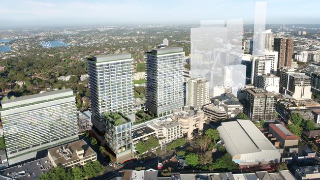 An artist’s impression of the two 27-storey towers, 17-storey hotel and eight-storey office building proposed at Crows Nest. The shadow buildings are private proposals. Picture: NSW Government