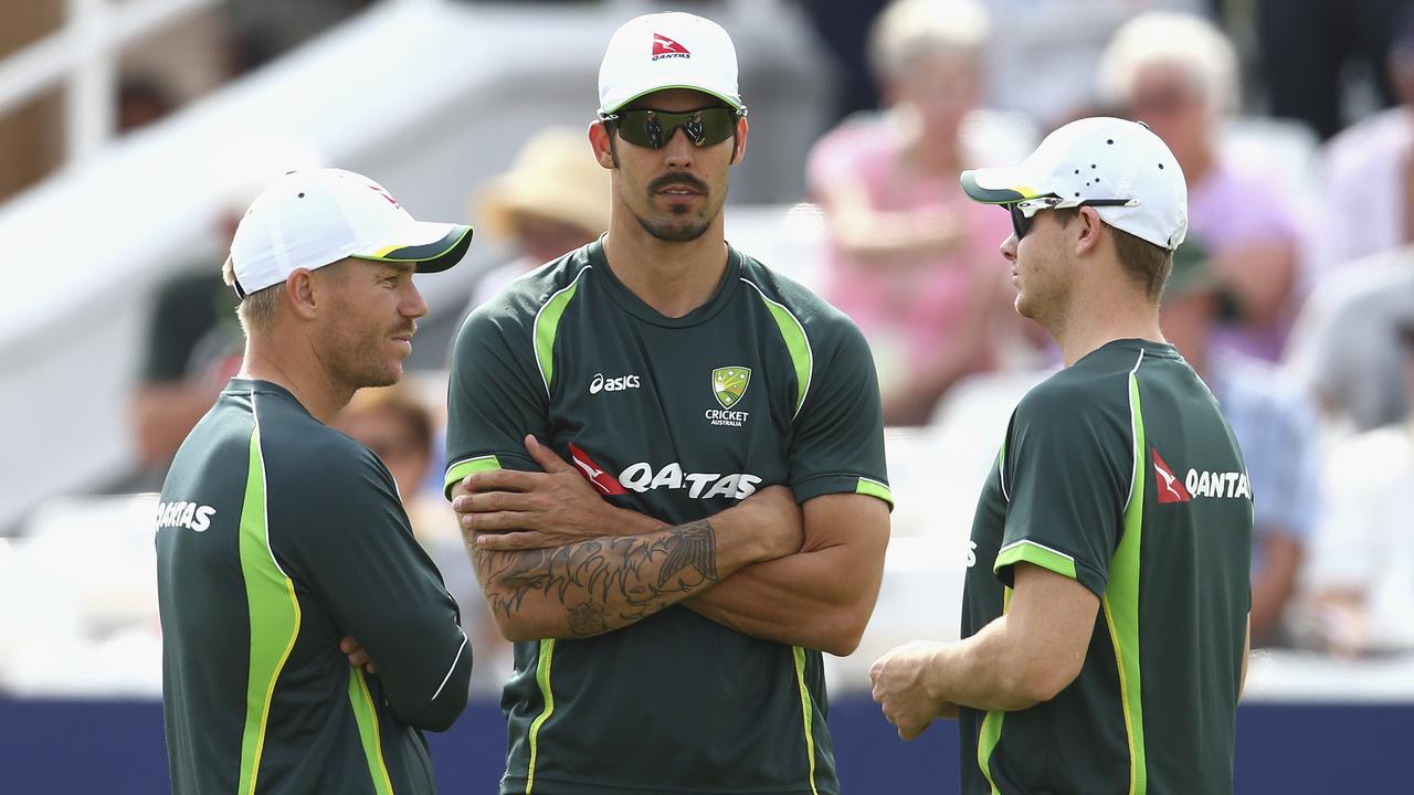 David Warner, Mitchell Johnson and Steve Smith in 2015. Picture: Ryan Pierse/Getty Images