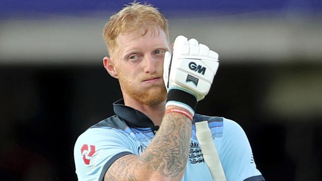 England's Ben Stokes reacts at the end of their innings during the Cricket World Cup final match between England and New Zealand at Lord's cricket ground in London, England, Sunday, July 14, 2019. (AP Photo/Aijaz Rahi)