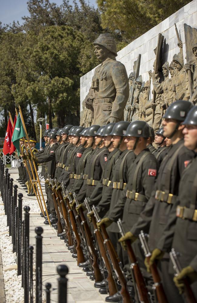 Soldiers of the Turkish Army form up at the beginning of the Turkish international service at Gallipoli, Turkey.