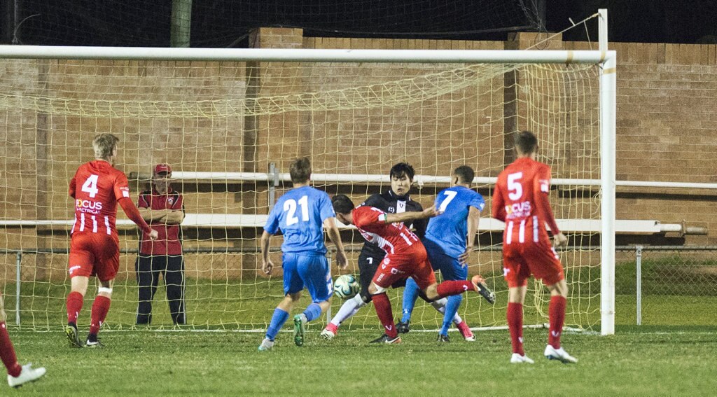 Thunder score their first goal. Picture: Nev Madsen