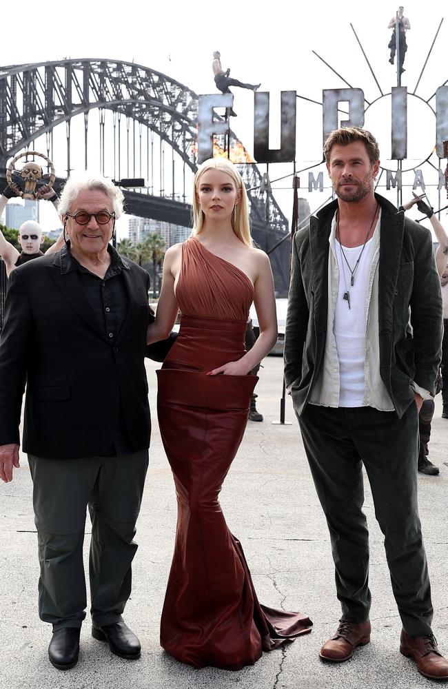 George Miller, Anya Taylor-Joy and Chris Hemsworth at Sydney’s Overseas Passenger Terminal. Picture: Brendon Thorne/Getty