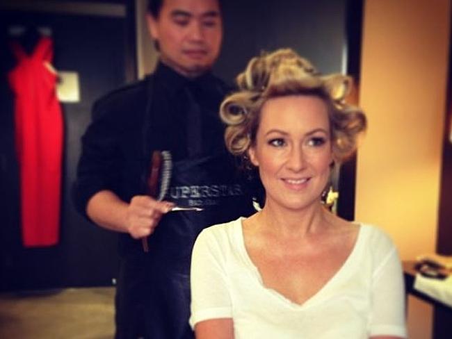 Melissa Doyle posted this snap of her in hair rollers getting red carpet ready for the Oscars. Picture: Instagram