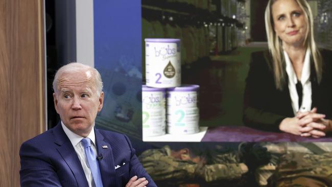 US President Joe Biden speaks with Kristy Carr, Managing Director of Bubs Australia, during a virtual meeting with baby formula manufacturers. Picture: Getty Images/AFP