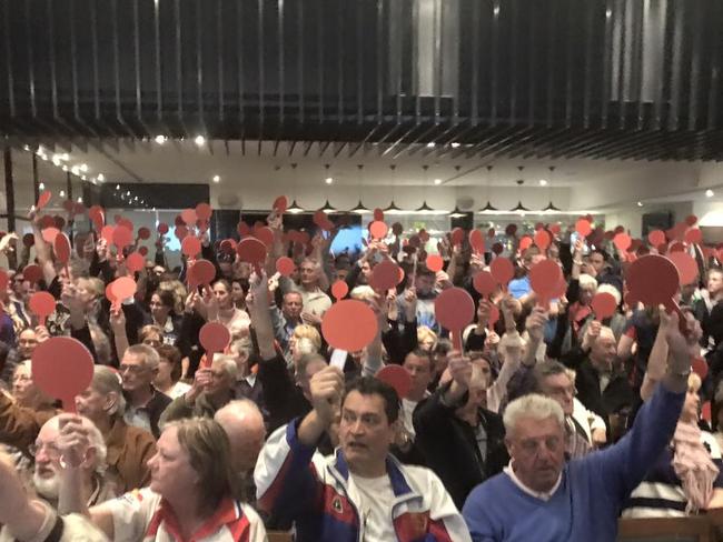 People voting against the proposed redevelopment of the Waverley Bowling Club at an extraordinary general meeting. Photo: Facebook