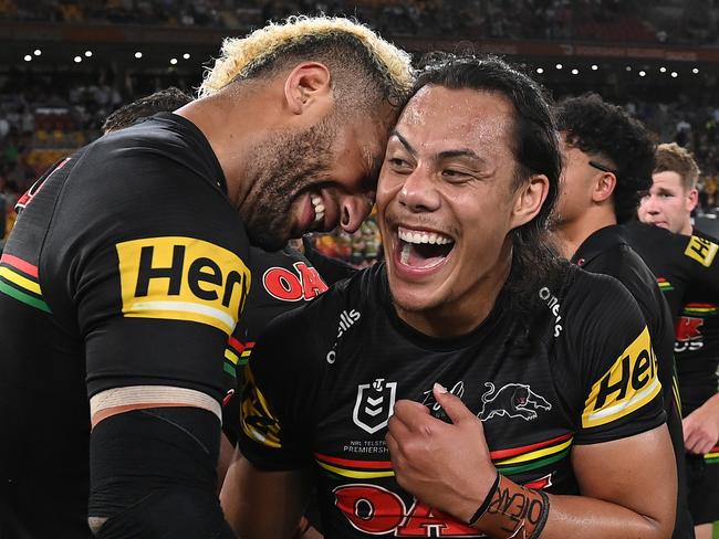 Kikau and Jarome Luai celebrate the Panthers’ premiership win.