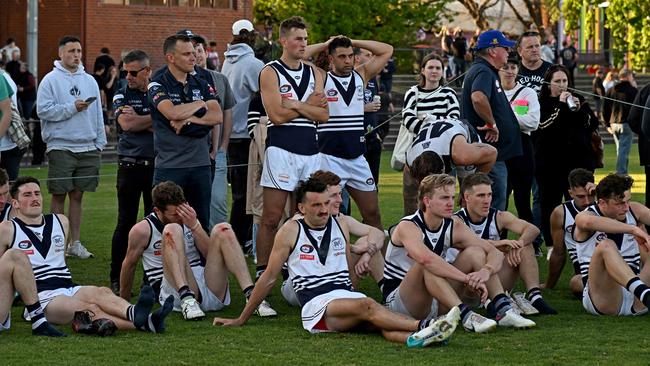 Bundoora players after losing the NFNL Division 1 grand final. Picture: Andy Brownbill