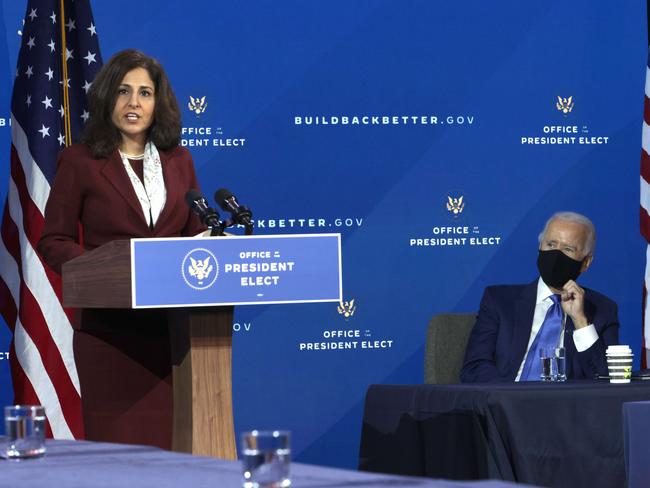 Director of the Office of Management and Budget nominee Neera Tanden speaks as President-elect Joe Biden. Picture: AFP