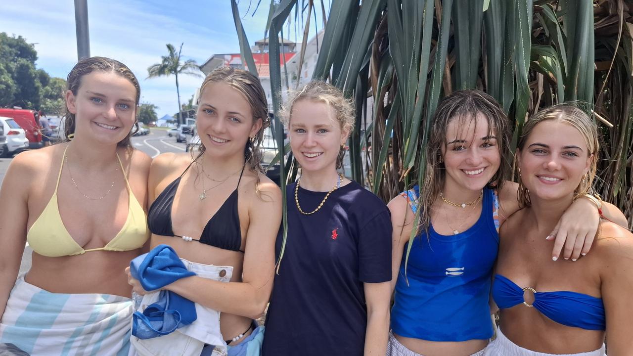 Taylor Hamilton, 18, Zoe Crabbe, 18, Anna Procter, 18, Maddie Gregg, 18, and Mimi McLaren, 18, at Byron Bay Schoolies celebrations on November 28, 2024. Picture: Sam Stolz.