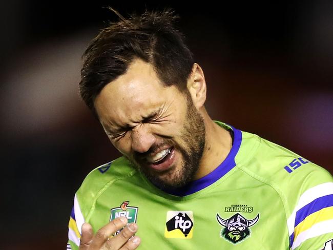 SYDNEY, AUSTRALIA - JULY 20: Jordan Rapana of the Raiders looks dejected as he leaves the field after being sin binned during the round 19 NRL match between the Cronulla Sharks and the Canberra Raiders at Southern Cross Group Stadium on July 20, 2018 in Sydney, Australia. (Photo by Mark Kolbe/Getty Images)