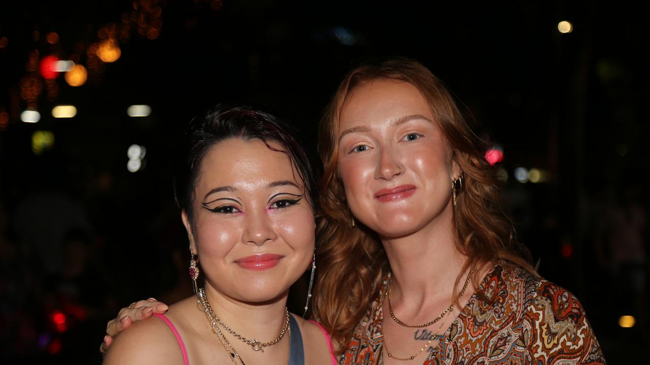 Anna Razenberg and Sophie Lingner celebrate the last night of Chinese New Year festivities in Cairns. Picture: Kate Stephenson