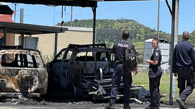 Police investigate an arson attack at Lowood Police Station on November 3, 2022. Picture: Liam Beatty.