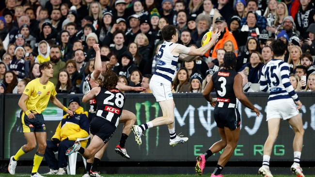 One angle as Jeremy Cameron of the Cats marks the ball that appears to be out on the full during the match against Collingwood at the MCG. (Photo by Michael Willson/AFL Photos via Getty Images)